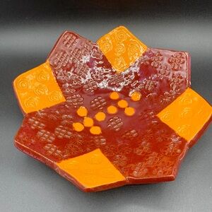 Burgundy & Gold Glazed Embossed Studio Art Handmade Pottery Dish Bowl